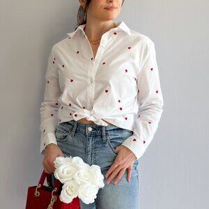 Women's Heart Embroidered Button Down Long Sleeve Top | White